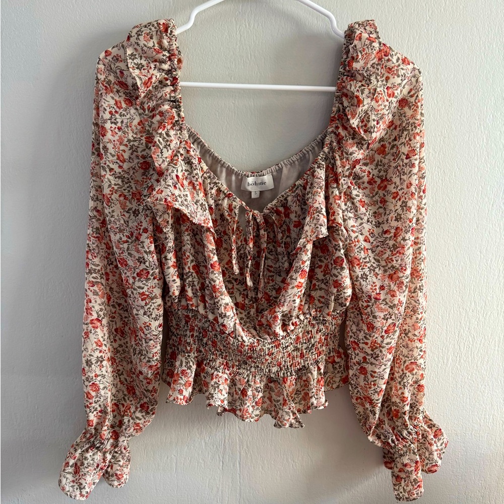 Bohme Cropped Top Cinched Waist Off the Shoulder Floral Blouse